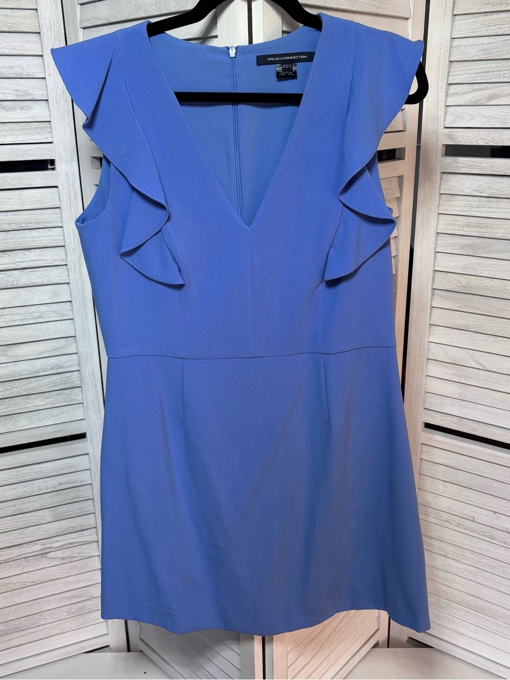 French Connection Blue Ruffle V-Neck Dress Size 12 XL